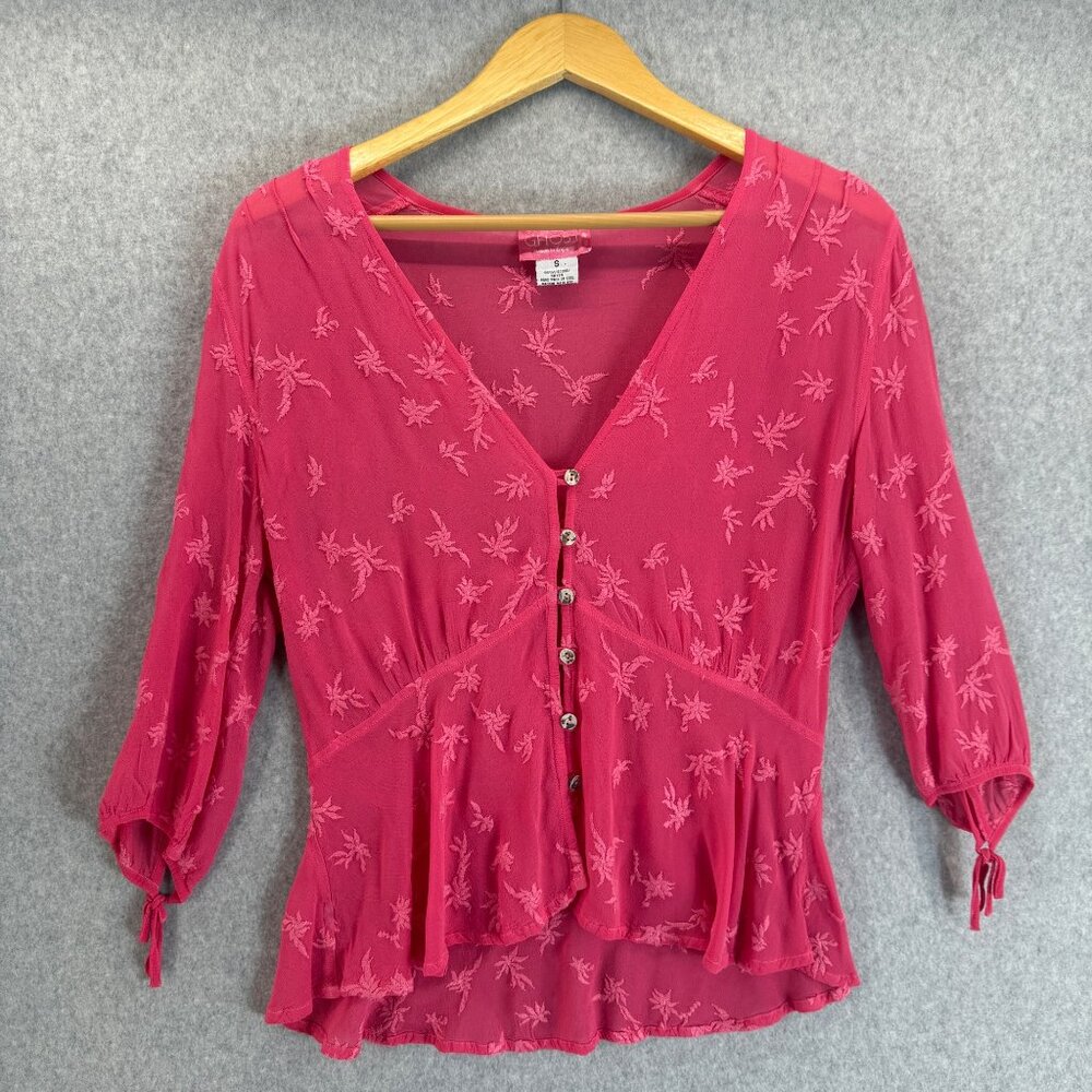 GHOST Pink Floral Blouse Embroidered 3/4 Sleeve Button Front Top Peplum‎ Small